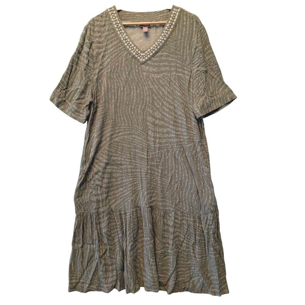 Chicos Olive Green Zebra Print Embroidered V-Neck Tiered Shift Dress Size 3.5 XL